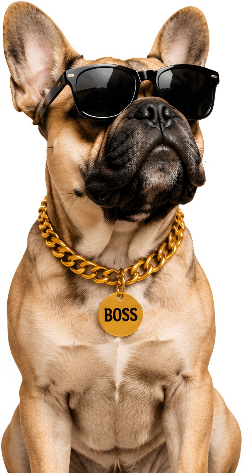 Boss, a French Bulldog wearing sunglasses and a gold chain