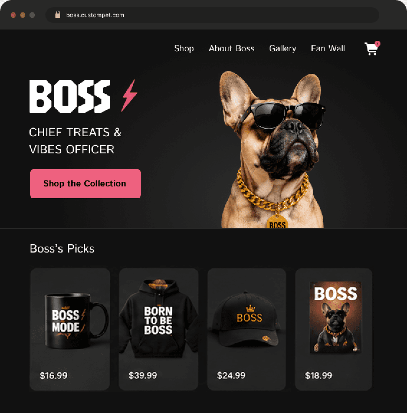 Boss the French Bulldog's online store, shown on desktop